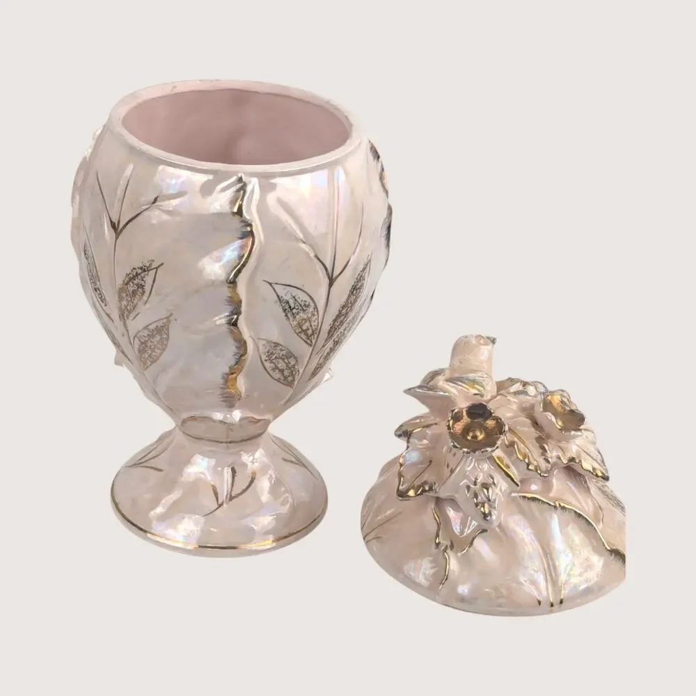 1970s Iridescent Pink Lidded Hollywood Regency Ceramic Compote